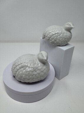 Vintage White Ceramic Quail Figurines Pair Japan Bird Decor Set